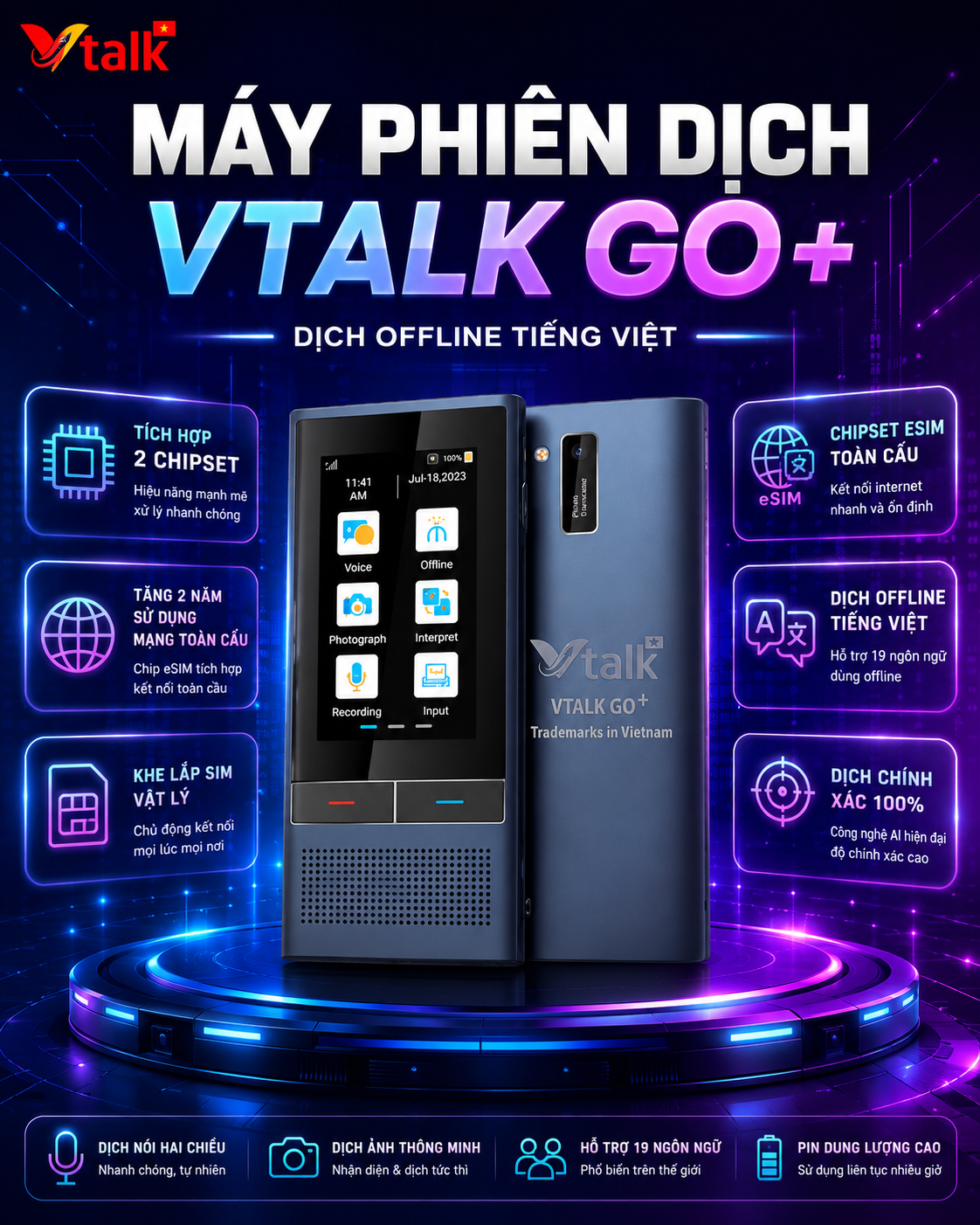 Máy Phiên Dịch VTalk Go+ 2026 - Thương Hiệu Việt Nam Dịch Tức Thời Cực Nhanh
