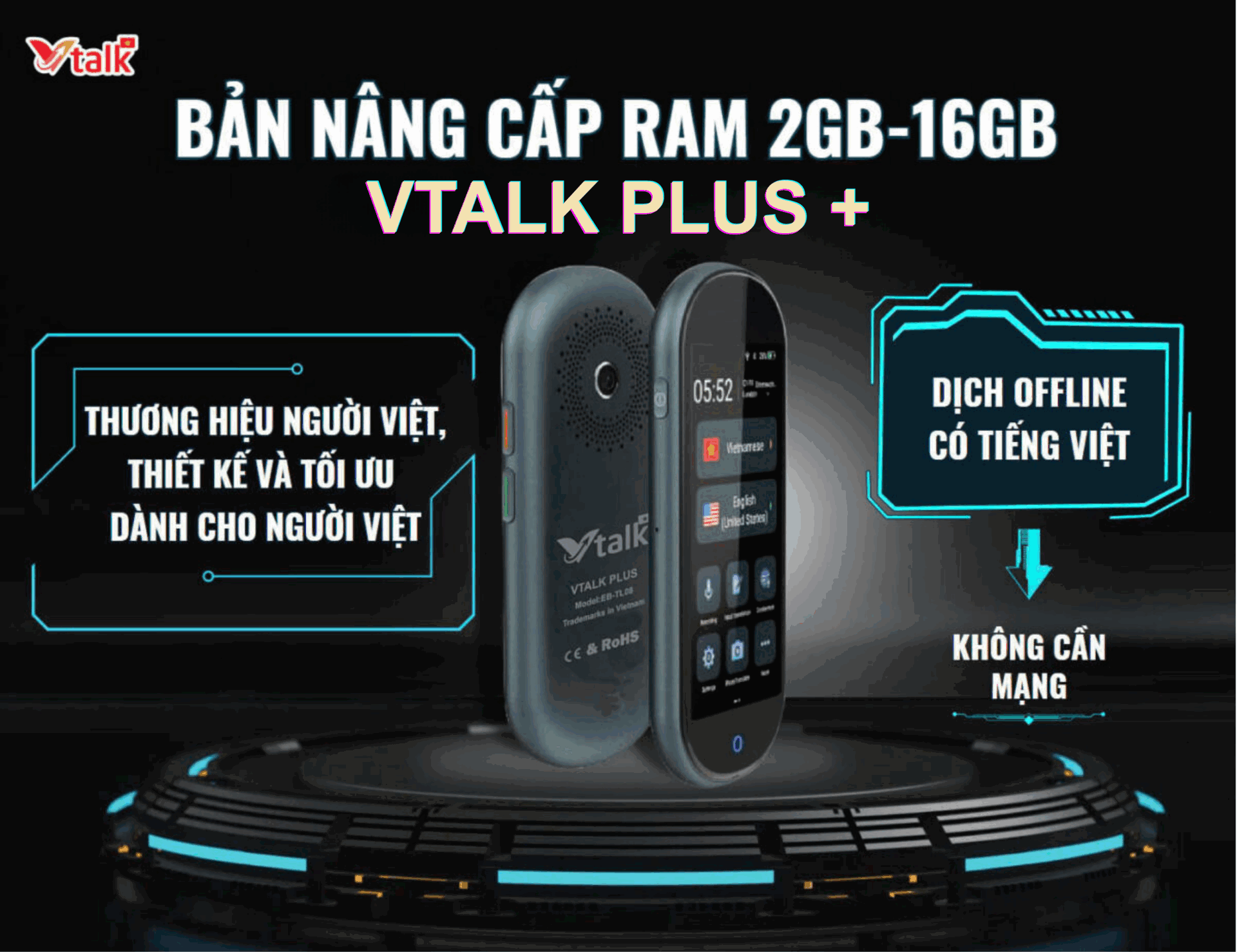 Máy Phiên Dịch VTalk Plus+ 2026 - Bản Nâng Cấp Ram 2GB - 16GB - Mang Thương Hiệu Việt Nam - Hỗ Trợ Dịch Offline Có Tiếng Việt