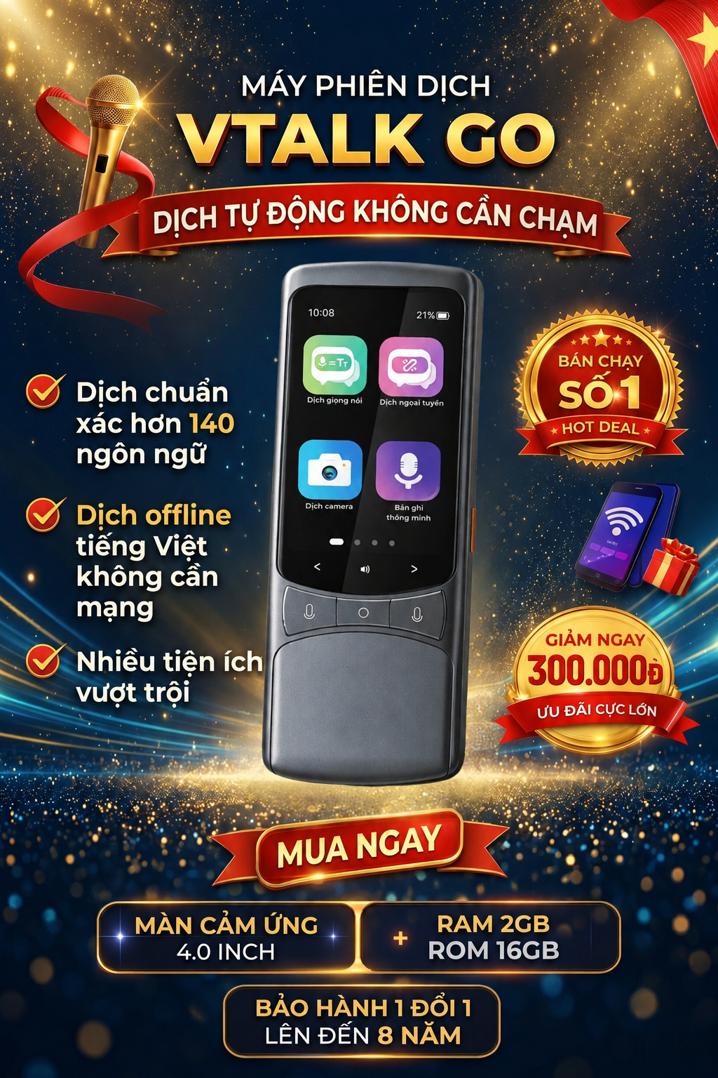 Máy Phiên Dịch VTalk Go 2026 - Tích Hợp AI Thông Minh Không Cần Chạm, Không Cần Nút
