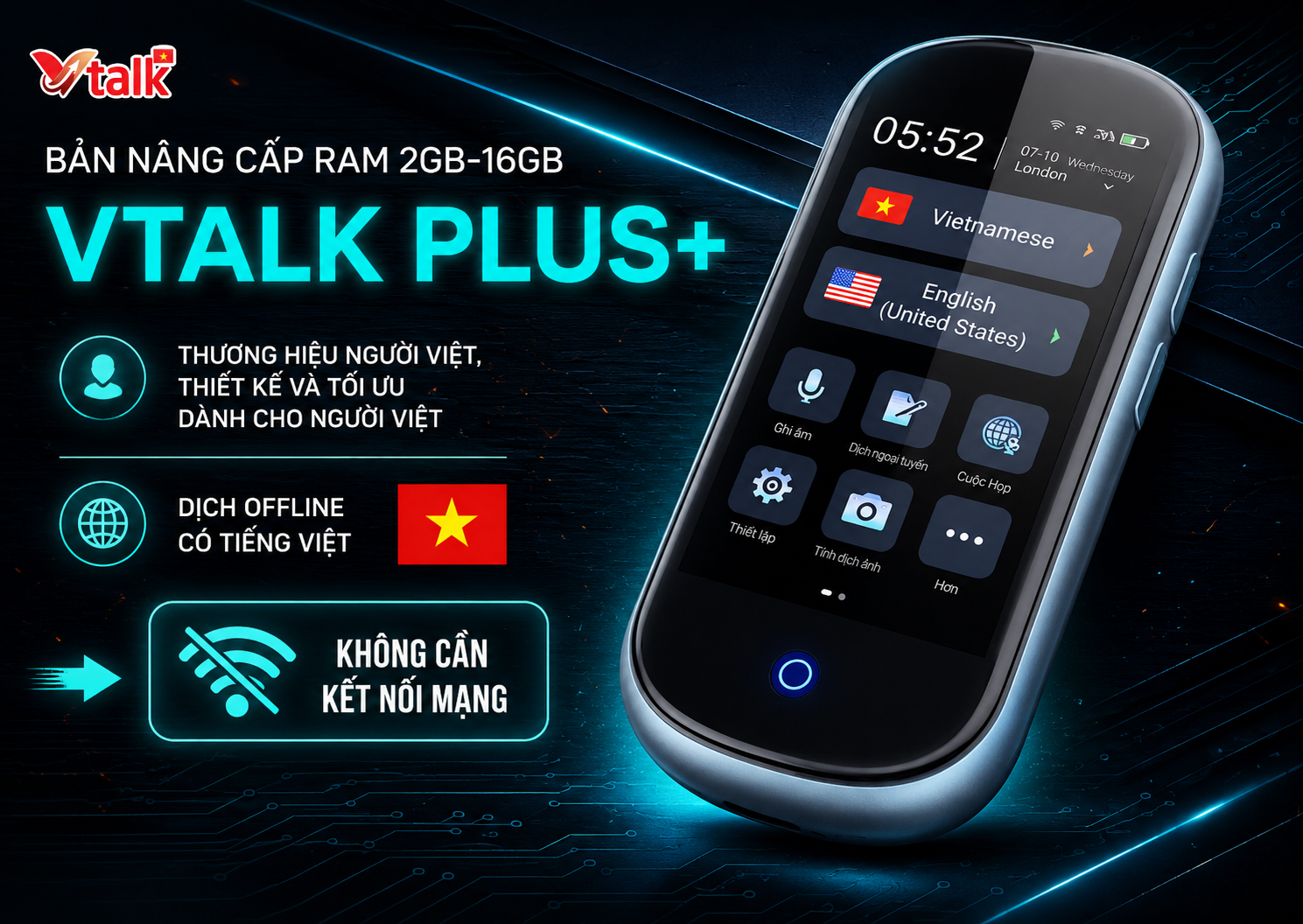 Máy Phiên Dịch VTalk Plus+ 2026 - Bản Nâng Cấp Ram 2GB - 16GB - Mang Thương Hiệu Việt Nam - Hỗ Trợ Dịch Offline Có Tiếng Việt