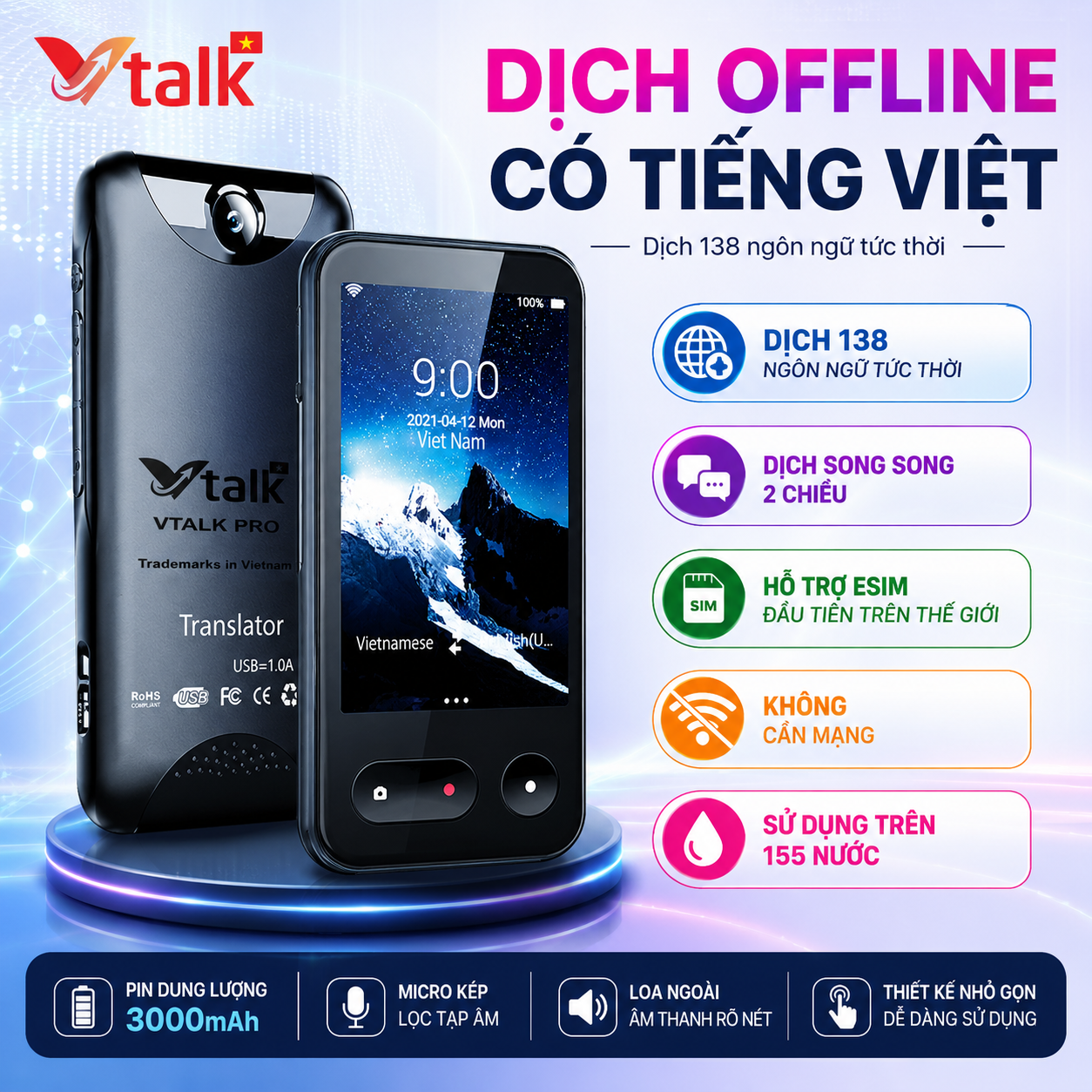 Máy Phiên Dịch VTalk Pro+ 2026 – Dịch Tức Thời , Hỗ Trợ Song Song 2 Chiều Thương Hiệu Việt Nam