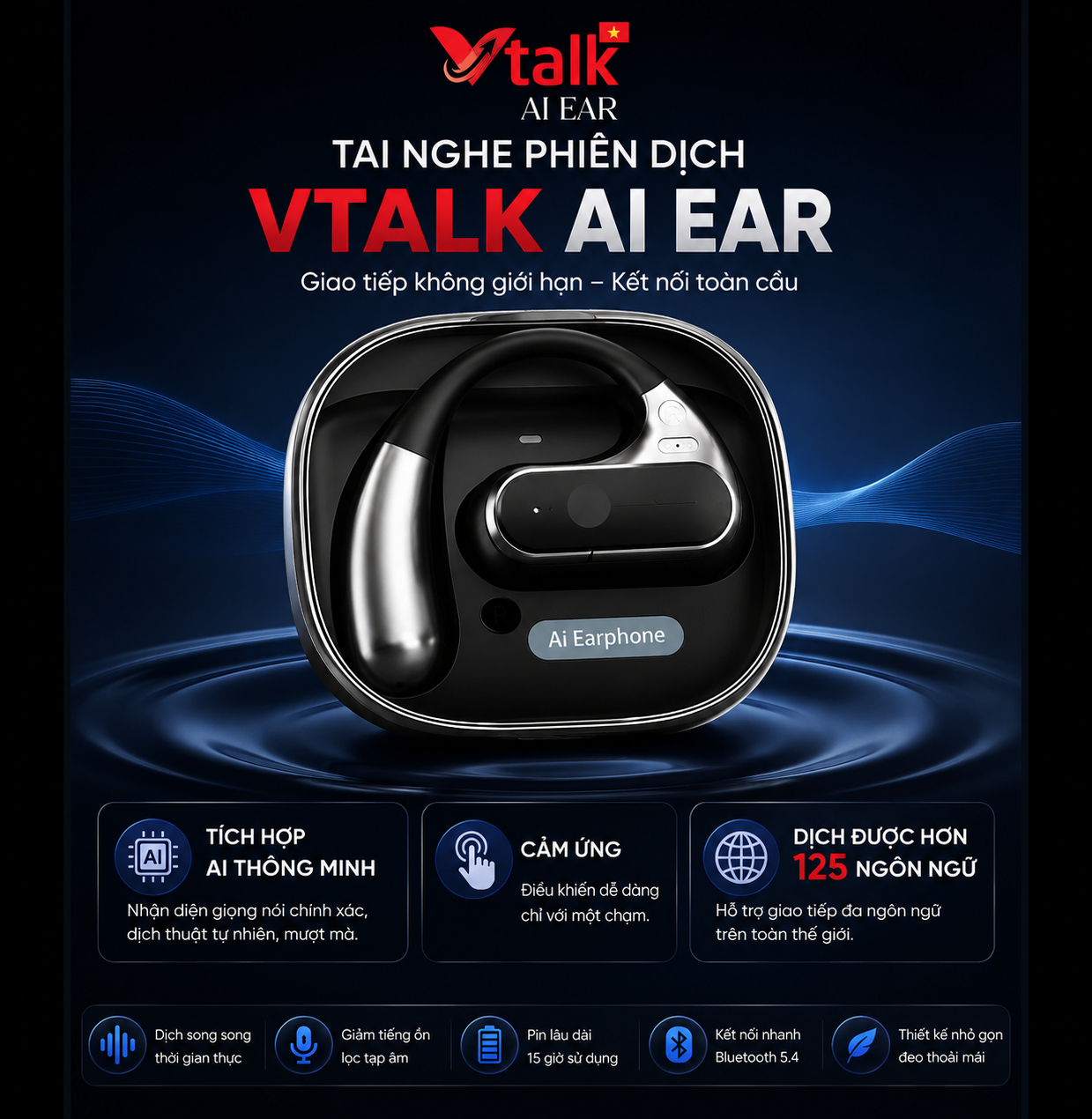 Tai nghe phiên dịch Vtalk AI Ear - Tích hợp AI dịch trực tiếp, hỗ trợ 127 ngôn ngữ, thương hiệu Việt Nam